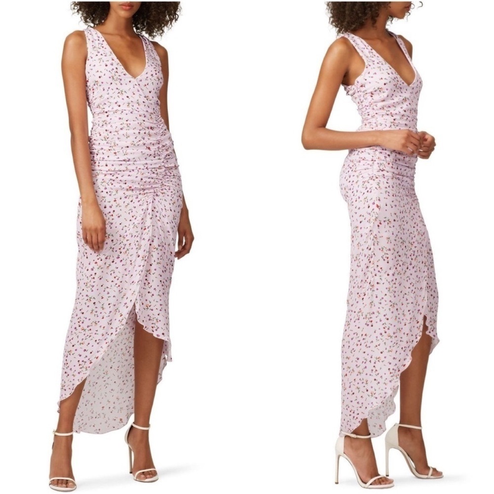 NICHOLAS Pink Purple Silk Floral Drape Front Ruched Hi Low Midi Dress Size 2